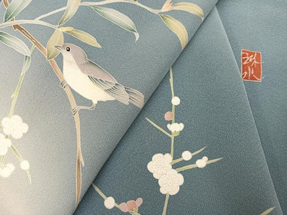 平和屋着物●訪問着　友禅　作家物　花鳥文　梅　正絹　逸品　AABL1769ph