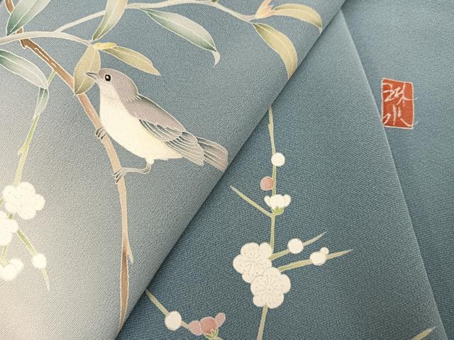 平和屋着物●訪問着　友禅　作家物　花鳥文　梅　正絹　逸品　AABL1769ph