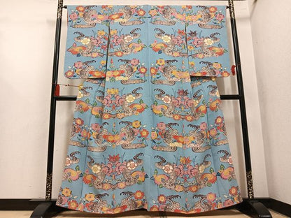 平和屋着物●本場琉球紅型　訪問着　流水草花文　正絹　逸品　AABL1770ph