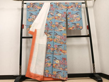 平和屋着物●本場琉球紅型　訪問着　流水草花文　正絹　逸品　AABL1770ph