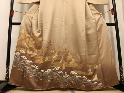 平和屋着物●豪華色留袖　駒刺繍　群れ鶴松文　暈し染め　金彩　正絹　逸品　AABL1774ph