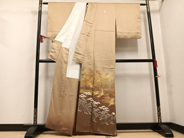 平和屋着物●豪華色留袖　駒刺繍　群れ鶴松文　暈し染め　金彩　正絹　逸品　AABL1774ph