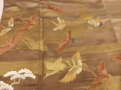 平和屋着物●豪華色留袖　駒刺繍　群れ鶴松文　暈し染め　金彩　正絹　逸品　AABL1774ph