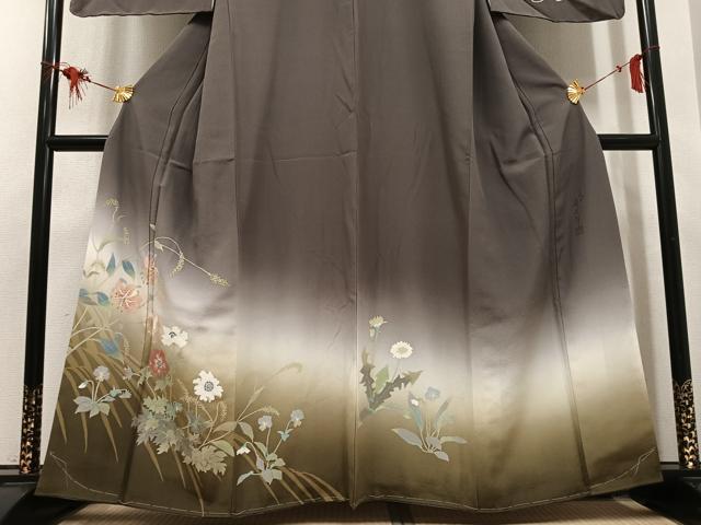平和屋着物●二代目清次郎　手描き　訪問着　草花文　暈し染め　正絹　逸品　AABL1782ph