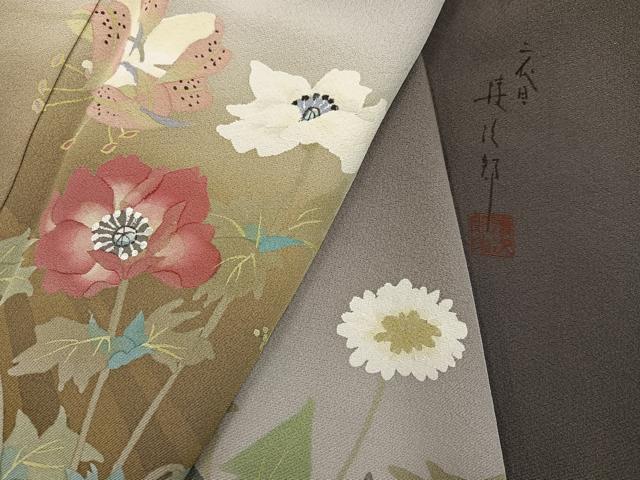 平和屋着物●二代目清次郎　手描き　訪問着　草花文　暈し染め　正絹　逸品　AABL1782ph