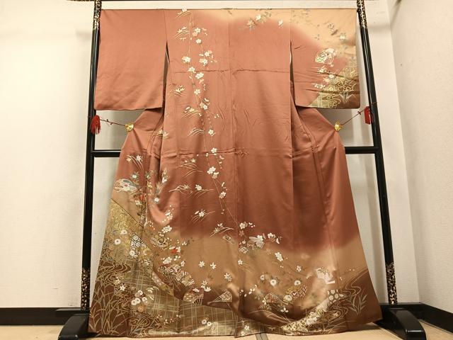 平和屋着物●訪問着　駒刺繍　扇面花文　暈し染め　金彩　正絹　逸品　AABL1786ph