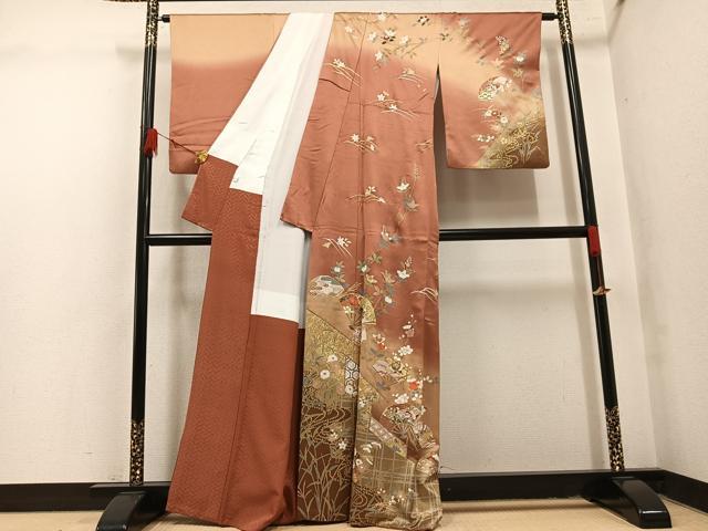 平和屋着物●訪問着　駒刺繍　扇面花文　暈し染め　金彩　正絹　逸品　AABL1786ph