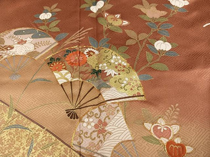 平和屋着物●訪問着　駒刺繍　扇面花文　暈し染め　金彩　正絹　逸品　AABL1786ph
