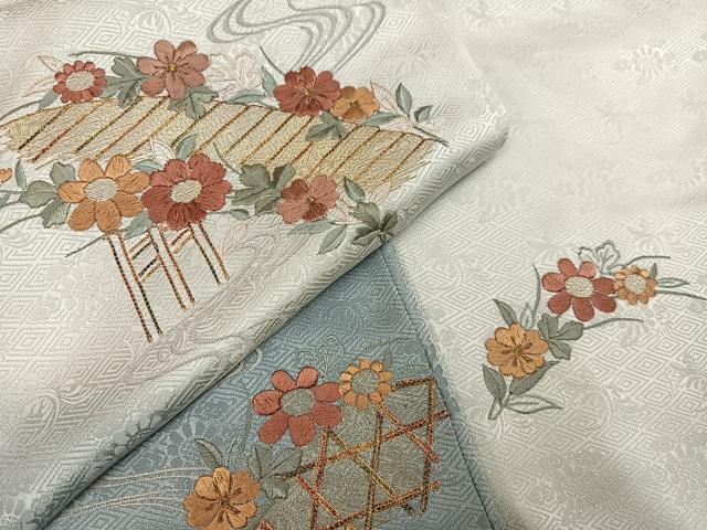 平和屋着物●訪問着　刺繍　草花文　暈し染め　金糸　正絹　逸品　AABL1793ph