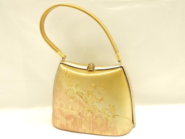 平和屋着物▼和装小物　和装バッグ　ハンドバッグ　更紗風景花文　金彩　逸品　AABL1952ay