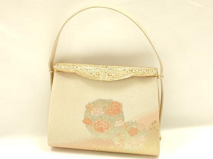 平和屋着物▼和装小物　和装バッグ　ハンドバッグ　花丸文　金銀糸　帯地使用　逸品　AABL1956ay