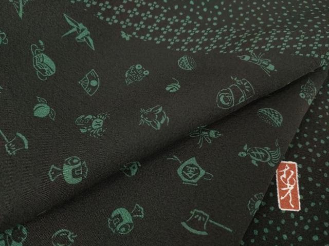 平和屋着物●訪問着　作家物　玩具花文　黒地　丹後ちりめん　反端付き　ロング丈　正絹　逸品　未使用　AABL2016ck