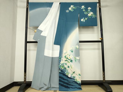 平和屋着物●訪問着　友禅　草花文　暈し染め　金彩　浜ちりめん　反端付き　正絹　逸品　AABL2017ck