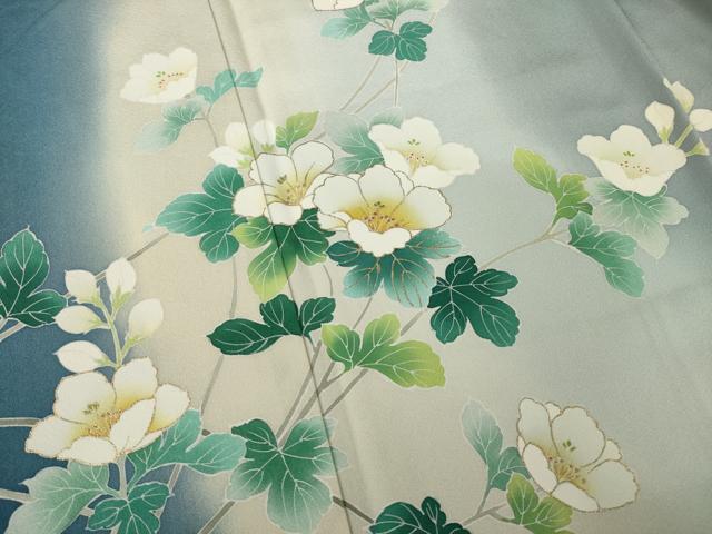 平和屋着物●訪問着　友禅　草花文　暈し染め　金彩　浜ちりめん　反端付き　正絹　逸品　AABL2017ck