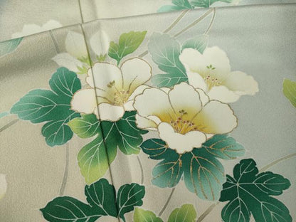 平和屋着物●訪問着　友禅　草花文　暈し染め　金彩　浜ちりめん　反端付き　正絹　逸品　AABL2017ck