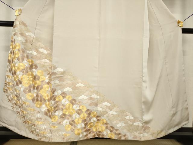 平和屋本店●銀座きしや　色留袖　駒刺繍　笹　松　菊　吉祥文　共箱・たとう紙付き　正絹　逸品　AABL2025ck