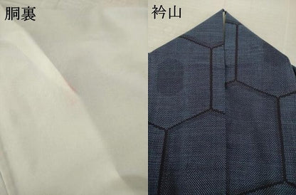 平和屋着物●綿薩摩　東郷織物謹製　手織　160亀甲　實篤　永江明夫(正藍染)　160亀甲　綿　逸品　AABL2026ck