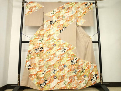 平和屋着物●訪問着　駒刺繍　道長扇面花文　金彩　正絹　逸品　AABL2029ck