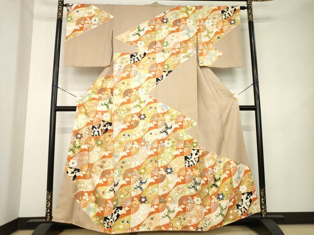 平和屋着物●訪問着　駒刺繍　道長扇面花文　金彩　正絹　逸品　AABL2029ck
