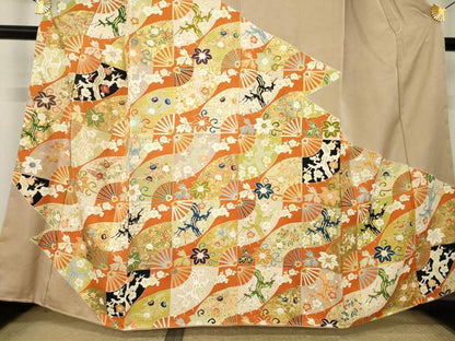平和屋着物●訪問着　駒刺繍　道長扇面花文　金彩　正絹　逸品　AABL2029ck