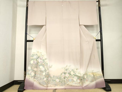 平和屋着物●豪華色留袖　寿光織　彩香牡丹図　薄柿色　暈し染め　金糸　ロング丈　正絹　逸品　AABL2031ck