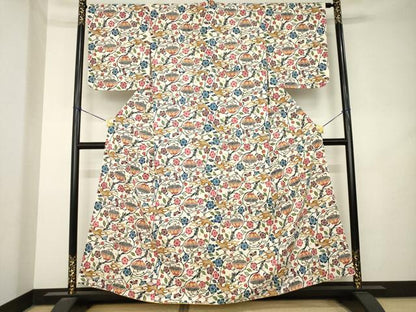 平和屋着物●本場琉球紅型　小紋　紬地　扇面花蔦草文　正絹　逸品　未使用　AABL2034ck