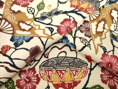 平和屋着物●本場琉球紅型　小紋　紬地　扇面花蔦草文　正絹　逸品　未使用　AABL2034ck