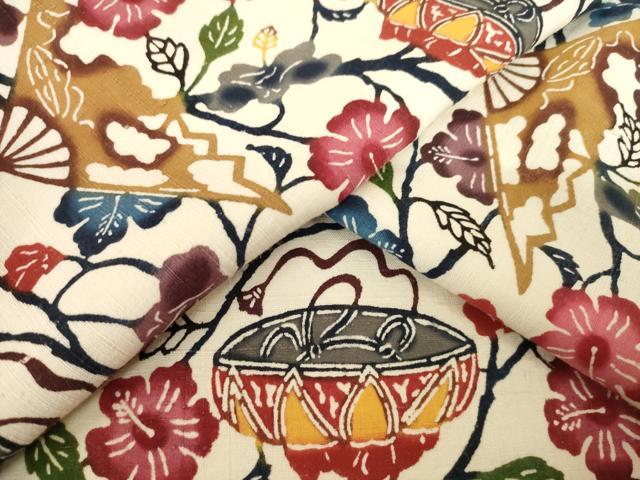 平和屋着物●本場琉球紅型　小紋　紬地　扇面花蔦草文　正絹　逸品　未使用　AABL2034ck