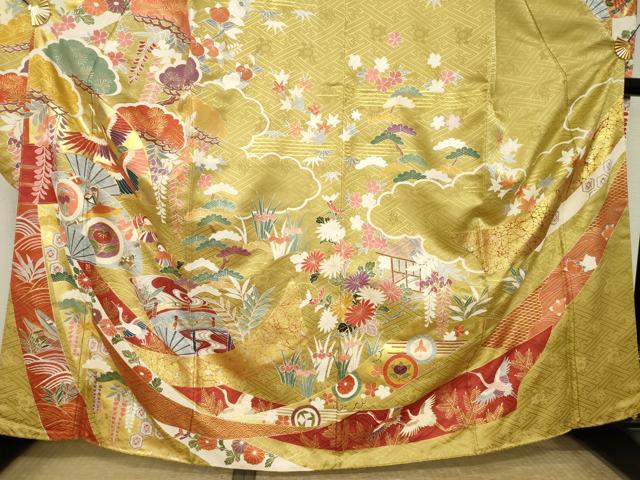 平和屋着物●豪華振袖　駒刺繍　扇面飛鶴花文　金彩　正絹　逸品　AABL2040ck