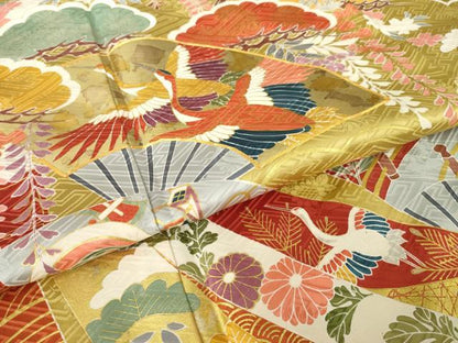 平和屋着物●豪華振袖　駒刺繍　扇面飛鶴花文　金彩　正絹　逸品　AABL2040ck