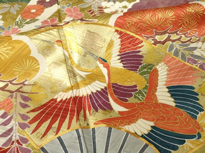 平和屋着物●豪華振袖　駒刺繍　扇面飛鶴花文　金彩　正絹　逸品　AABL2040ck