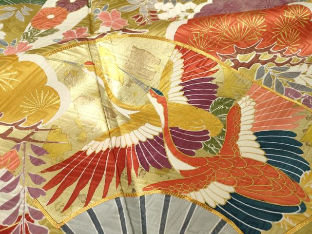 平和屋着物●豪華振袖　駒刺繍　扇面飛鶴花文　金彩　正絹　逸品　AABL2040ck
