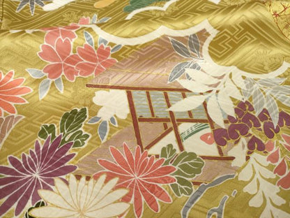 平和屋着物●豪華振袖　駒刺繍　扇面飛鶴花文　金彩　正絹　逸品　AABL2040ck