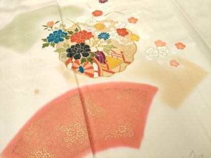 平和屋着物●訪問着　駒刺繍　地紙花文　暈し染め　金彩　正絹　逸品　AABL2054ck