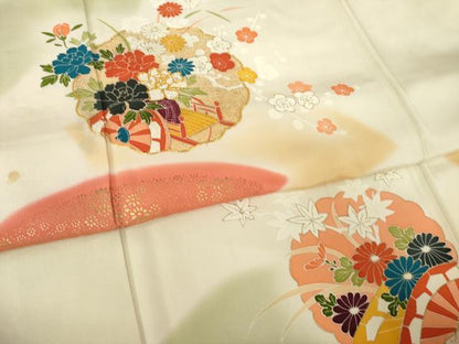 平和屋着物●訪問着　駒刺繍　地紙花文　暈し染め　金彩　正絹　逸品　AABL2054ck