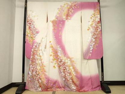 平和屋着物●豪華振袖　舞花文　暈し染め　金銀彩　銀通し地　正絹　逸品　AABL2063ck