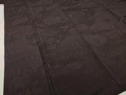 平和屋着物●服飾評論家　市田ひろみ　色無地　シルクロード浪漫　風景地紋　黒鳶色　反端付き　ロング丈　正絹　逸品　AABL2064ck