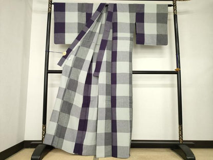 平和屋着物●伊勢木綿　単衣　格子　証紙付き　綿　逸品　AABL2071ck