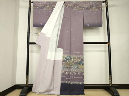 平和屋着物●訪問着　横段更紗花文　金彩　正絹　逸品　AABL2085ck