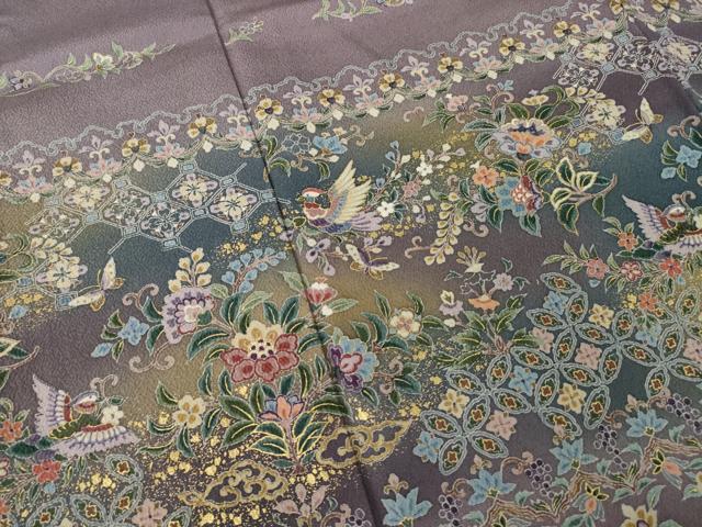 平和屋着物●訪問着　横段更紗花文　金彩　正絹　逸品　AABL2085ck