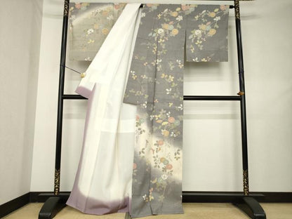 平和屋着物●染織の名門　しょうざん  生紬　訪問着　草花文　暈し染め　金彩　正絹　逸品　AABL2105ck