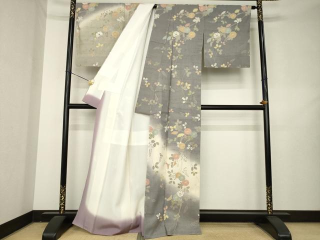 平和屋着物●染織の名門　しょうざん  生紬　訪問着　草花文　暈し染め　金彩　正絹　逸品　AABL2105ck