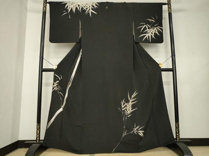 平和屋着物●訪問着　笹竹文　黒地　正絹　逸品　AABL2110ck