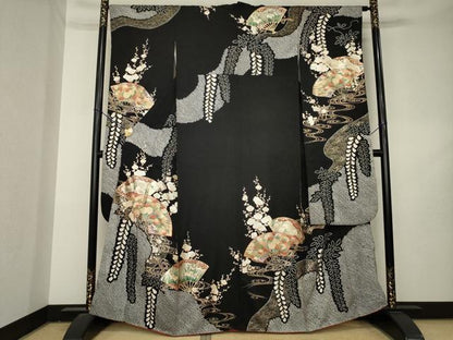 平和屋着物●豪華振袖　絞り　駒刺繍　扇面花文　黒地　金彩　正絹　逸品　AABL2111ck