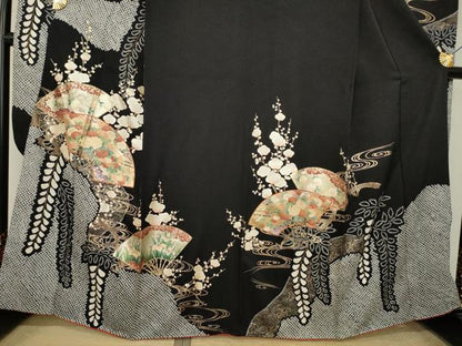 平和屋着物●豪華振袖　絞り　駒刺繍　扇面花文　黒地　金彩　正絹　逸品　AABL2111ck