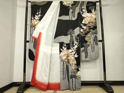 平和屋着物●豪華振袖　絞り　駒刺繍　扇面花文　黒地　金彩　正絹　逸品　AABL2111ck