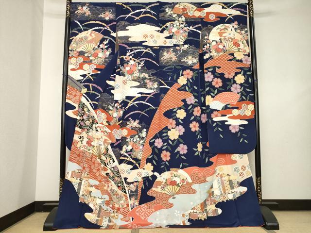 平和屋着物●豪華振袖　駒刺繍　扇面飛鶴花文　金銀彩　ロング丈　正絹　逸品　AABL2115ck