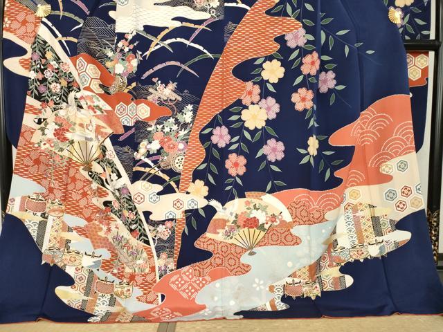 平和屋着物●豪華振袖　駒刺繍　扇面飛鶴花文　金銀彩　ロング丈　正絹　逸品　AABL2115ck