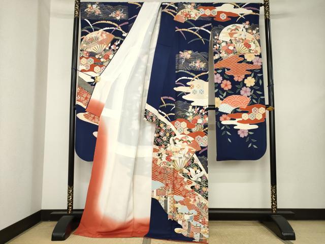 平和屋着物●豪華振袖　駒刺繍　扇面飛鶴花文　金銀彩　ロング丈　正絹　逸品　AABL2115ck