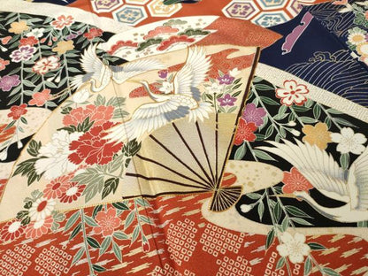 平和屋着物●豪華振袖　駒刺繍　扇面飛鶴花文　金銀彩　ロング丈　正絹　逸品　AABL2115ck